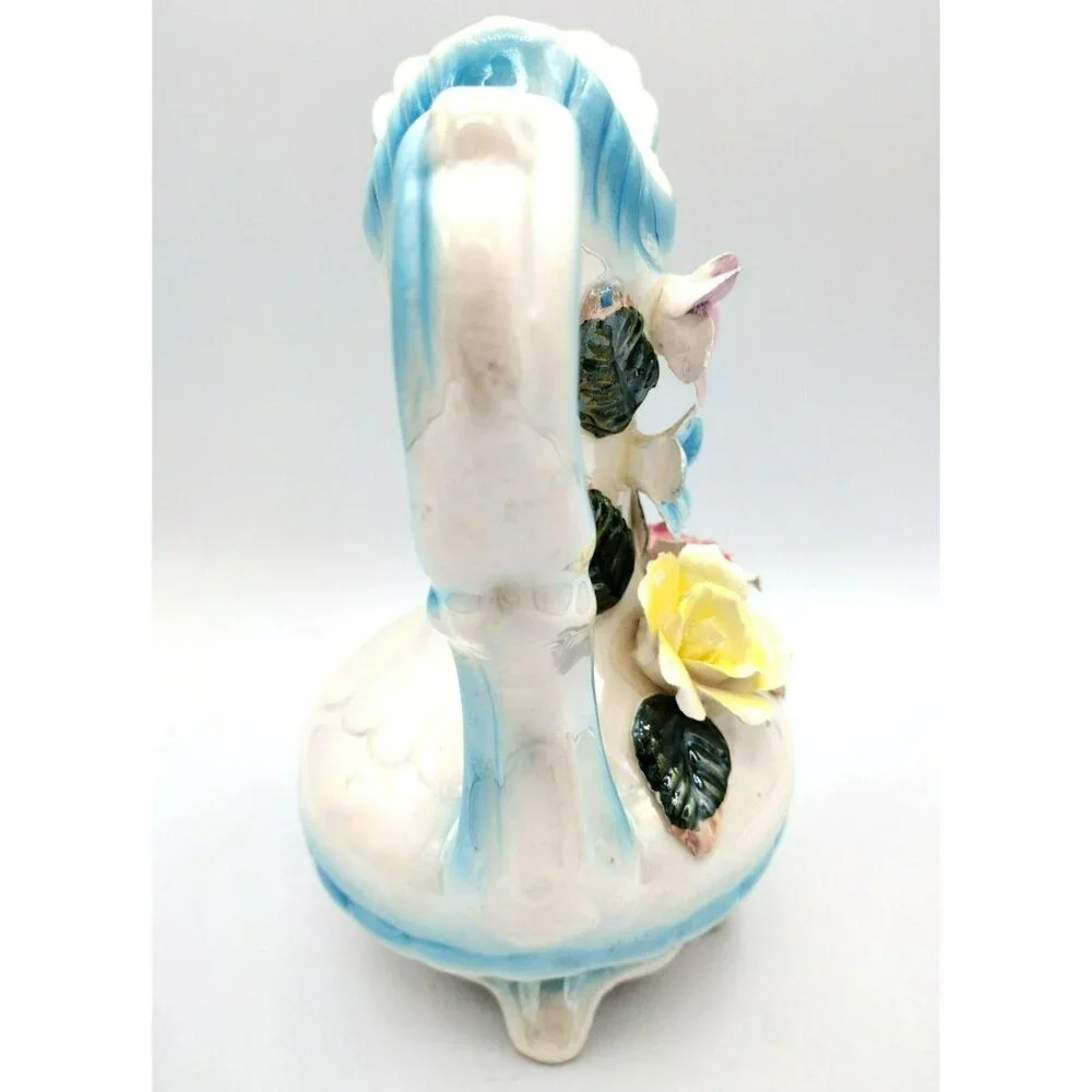 Lusterware Pitcher Vase with Flower Accents and Handle 8 Inches Vintage